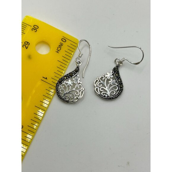 Sterling Silver Dangles Earrings Ornate Floral Drops With Marcasites - Picture 4 of 4